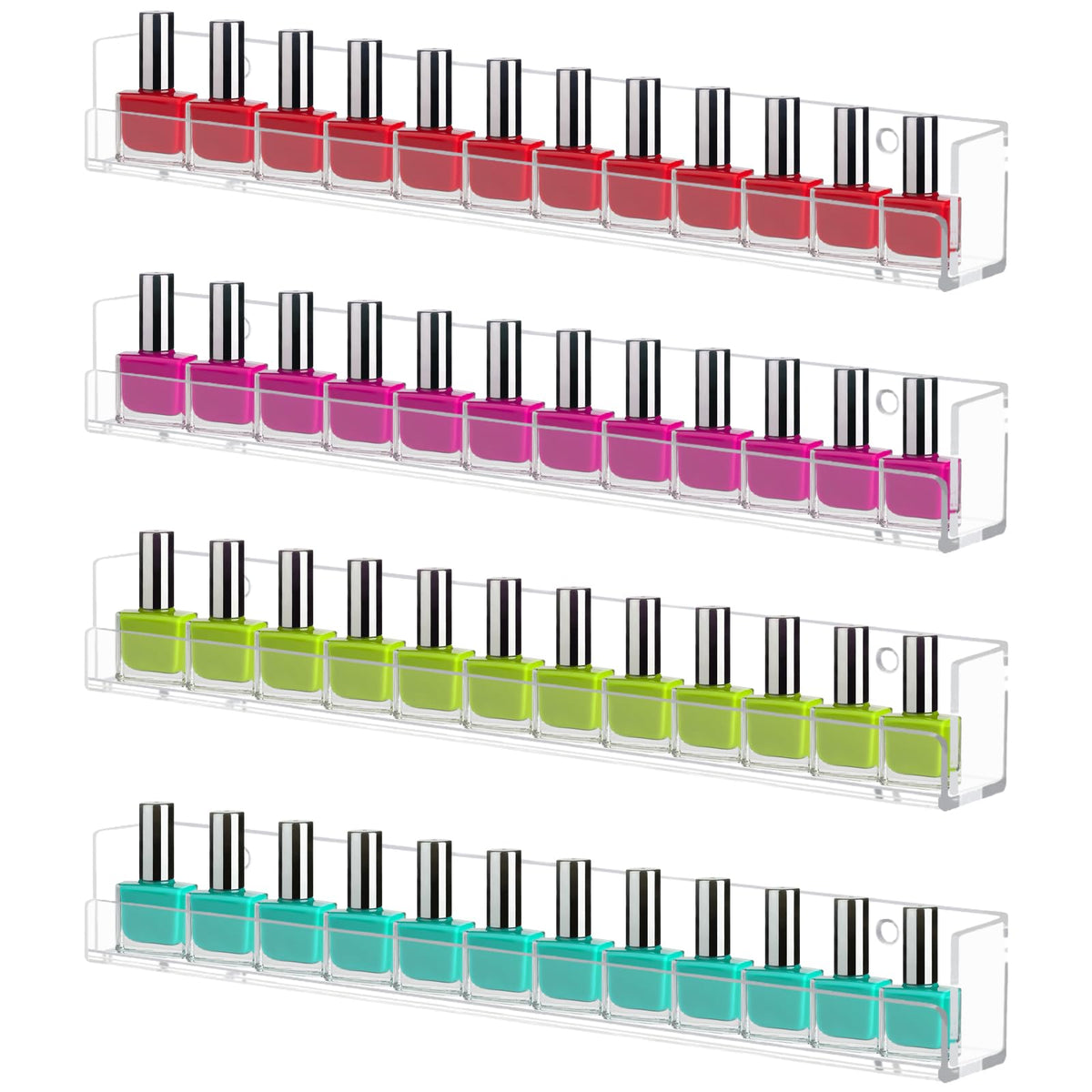 Cerpourt front view of four clear acrylic shelves showing organized polish collection and visibility