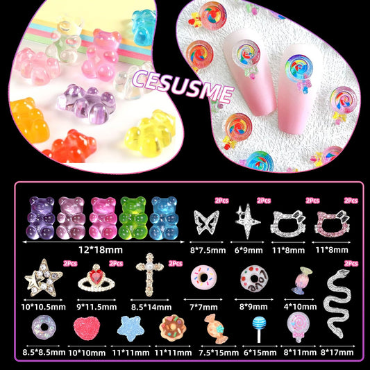 CESUSME close-up of resin gummy bear and donut charms showing vivid color