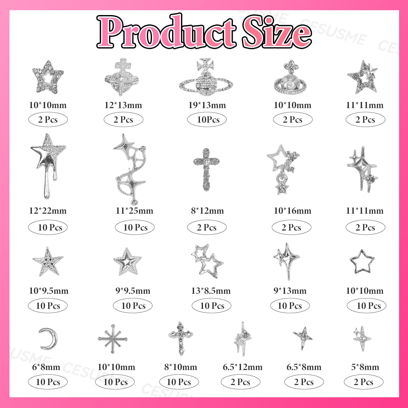 CESUSME close-up of star, moon and cross charms highlighting precise detail and shine