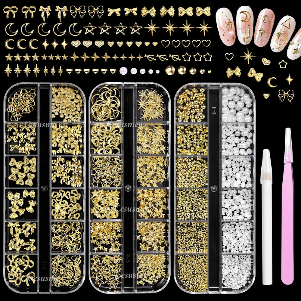 CESUSME front packaging showing assorted gold nail charms and pearls, easy selection benefit