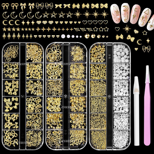 CESUSME front packaging showing assorted gold nail charms and pearls, easy selection benefit