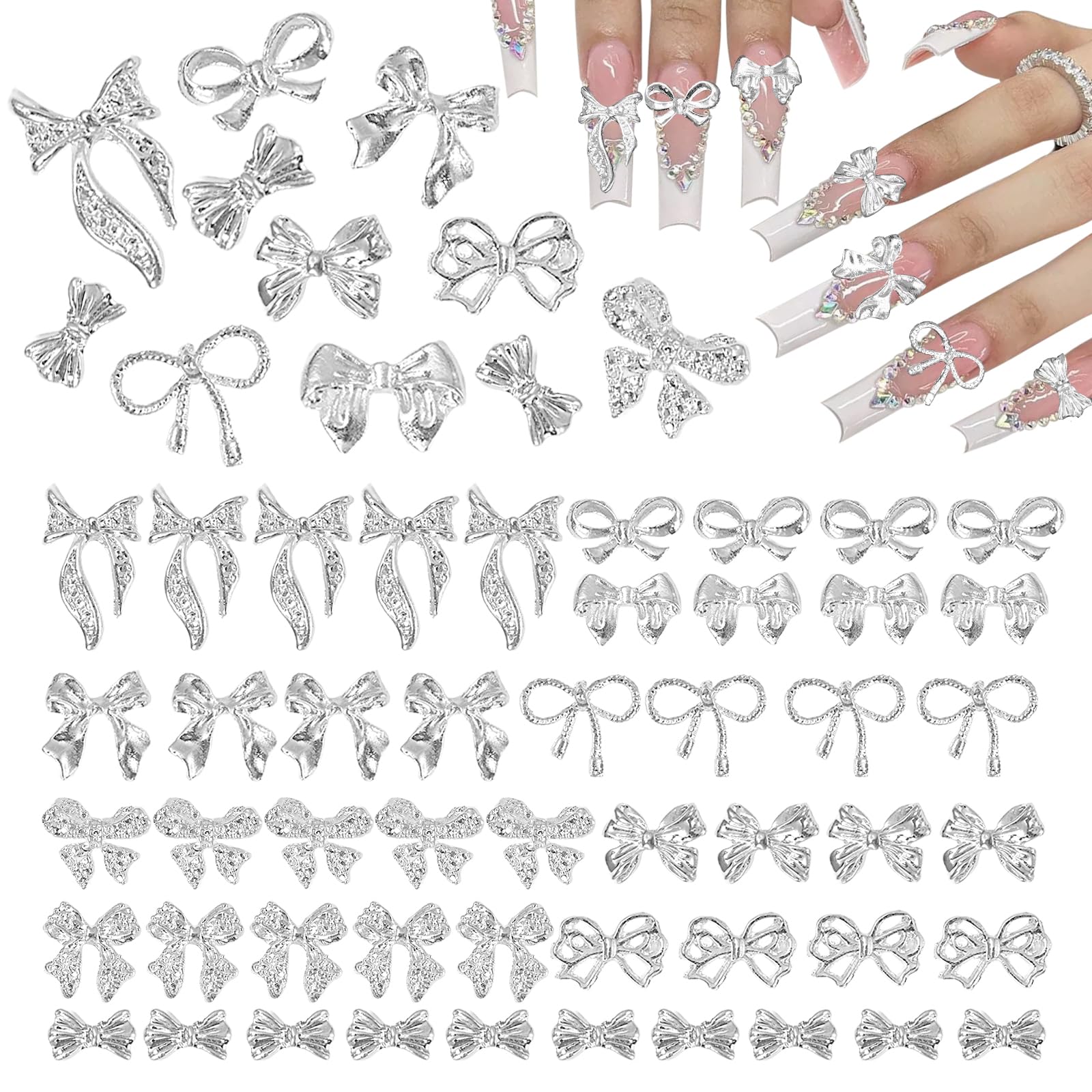 CESUSME front packaging showing 100 silver bow nail charms, perfect for varied designs