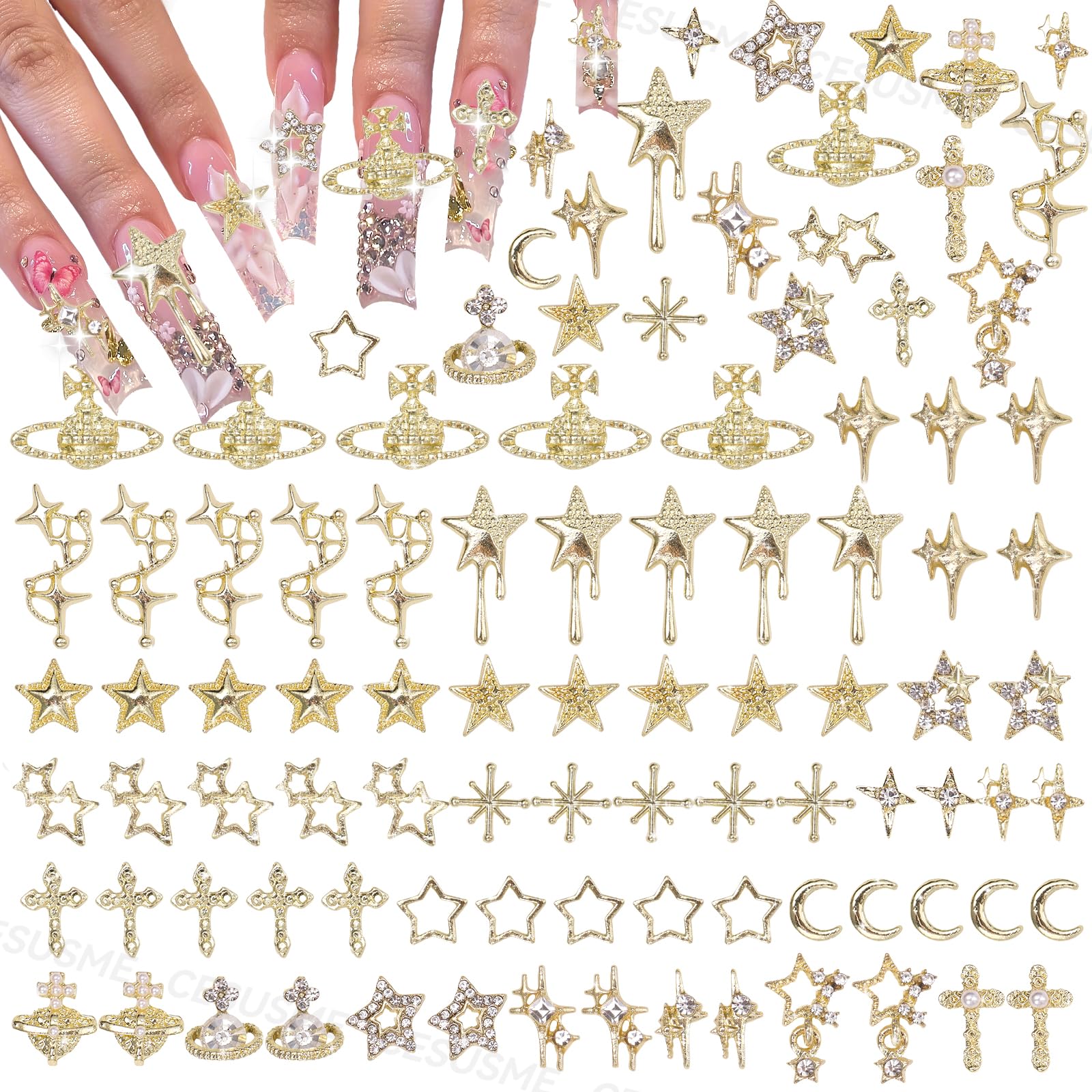 CESUSME front packaging showing 130 gold nail charms and 21 styles for variety