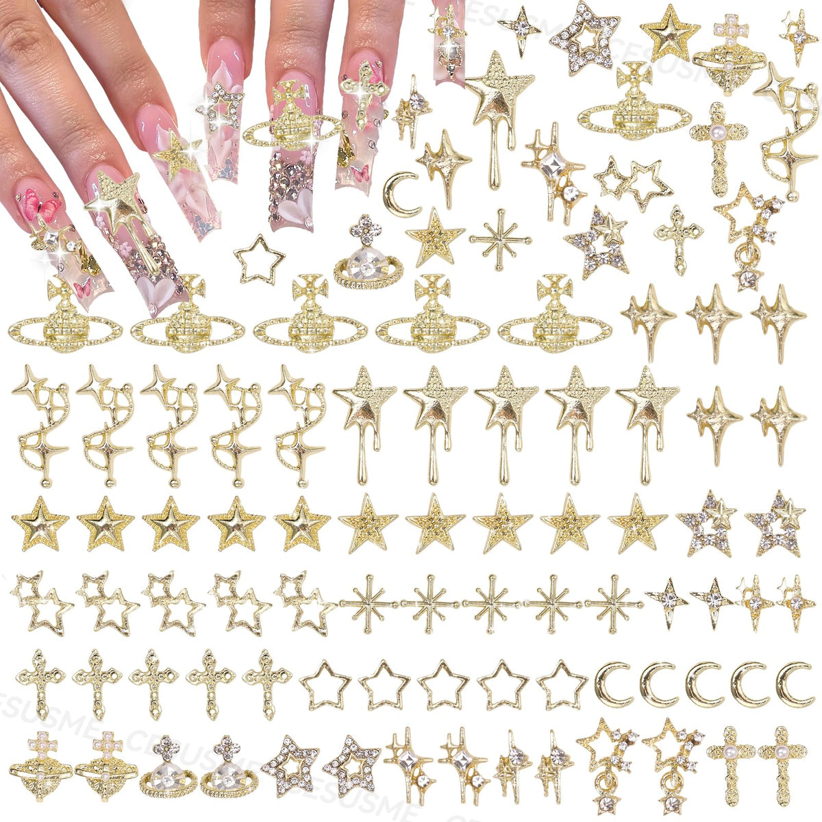 CESUSME front packaging showing 130 gold nail charms and 21 styles for variety