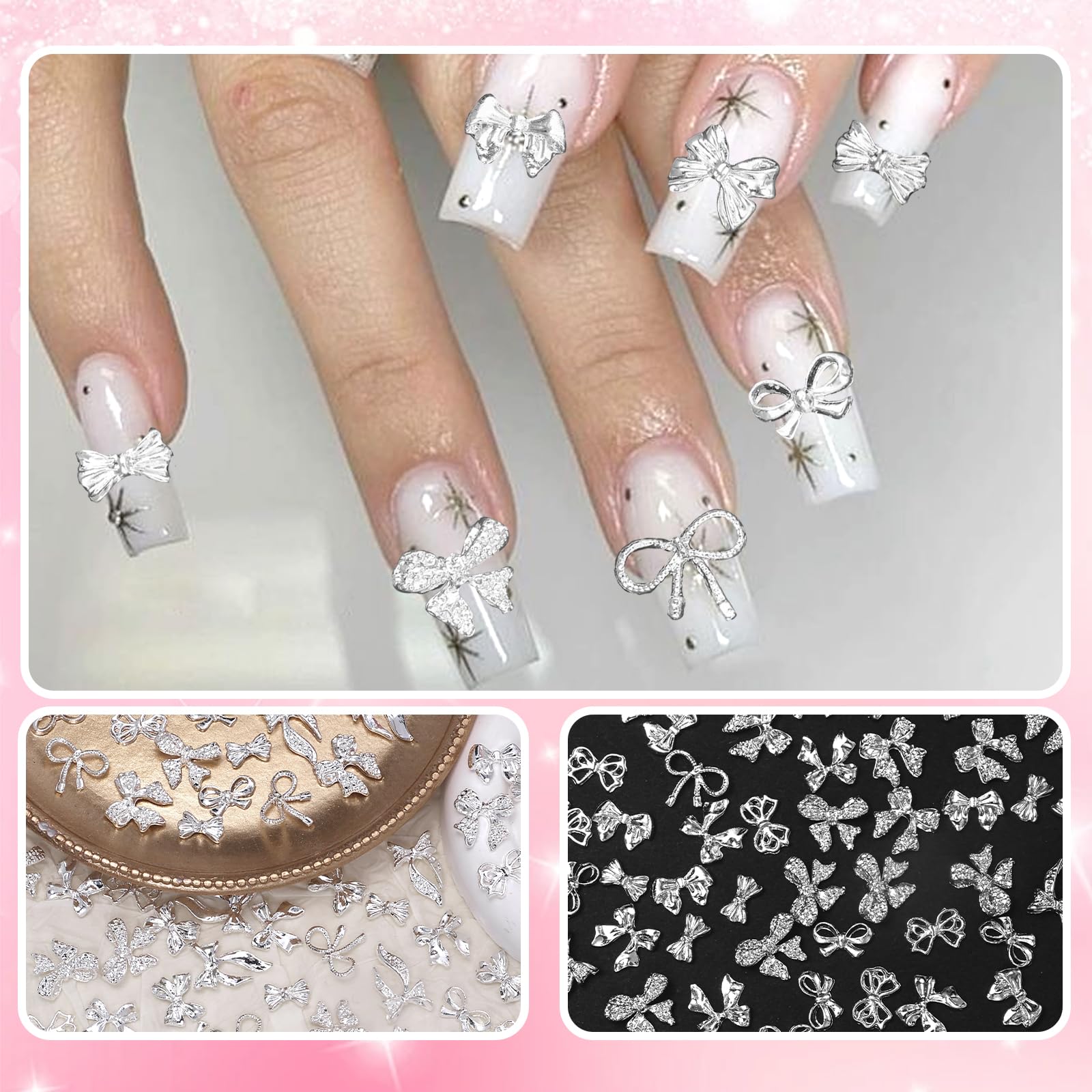 CESUSME finished manicure with multiple bows, showcasing coordinated metallic accents