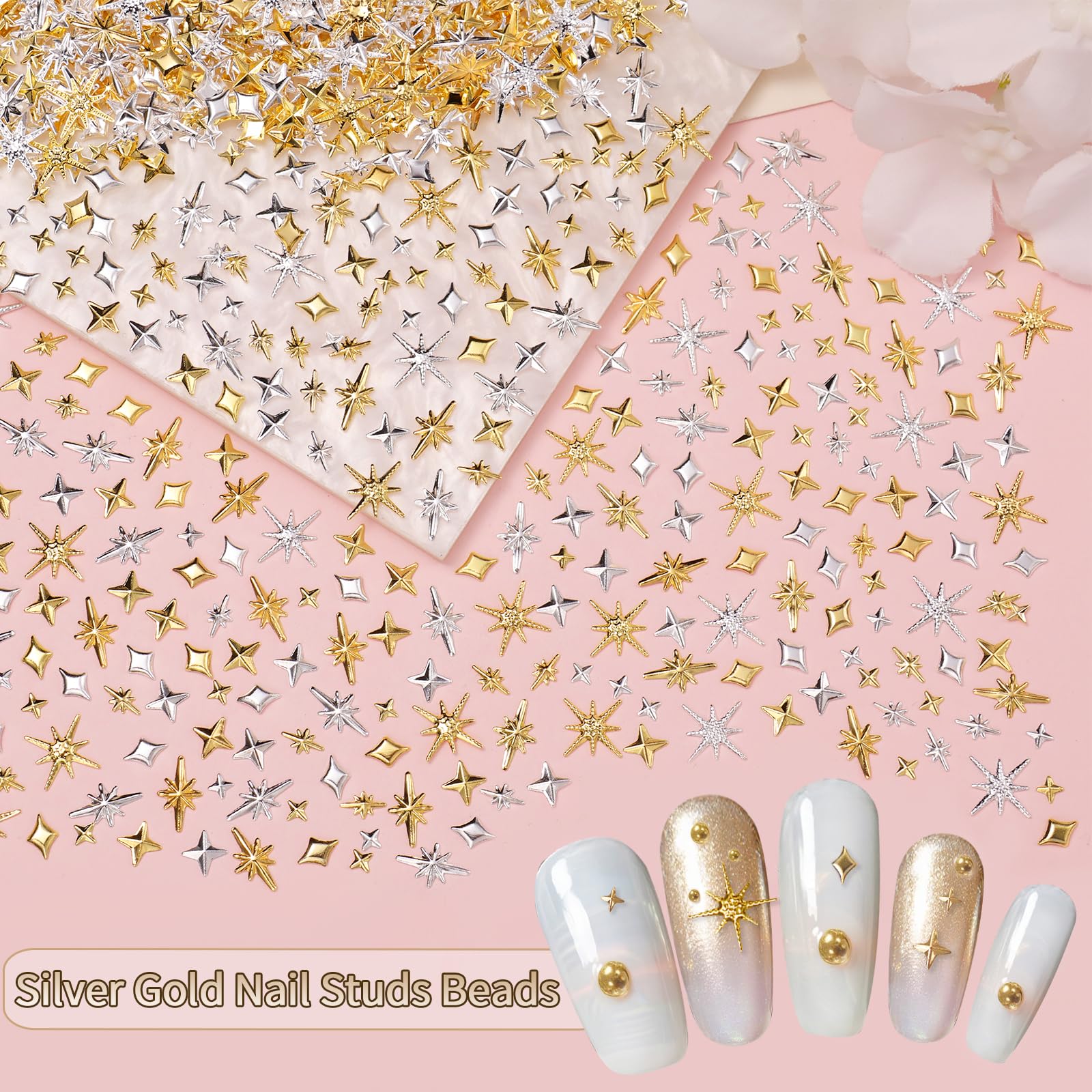 CESUSME finished nail design with beads and charms showcasing metallic 3D accents