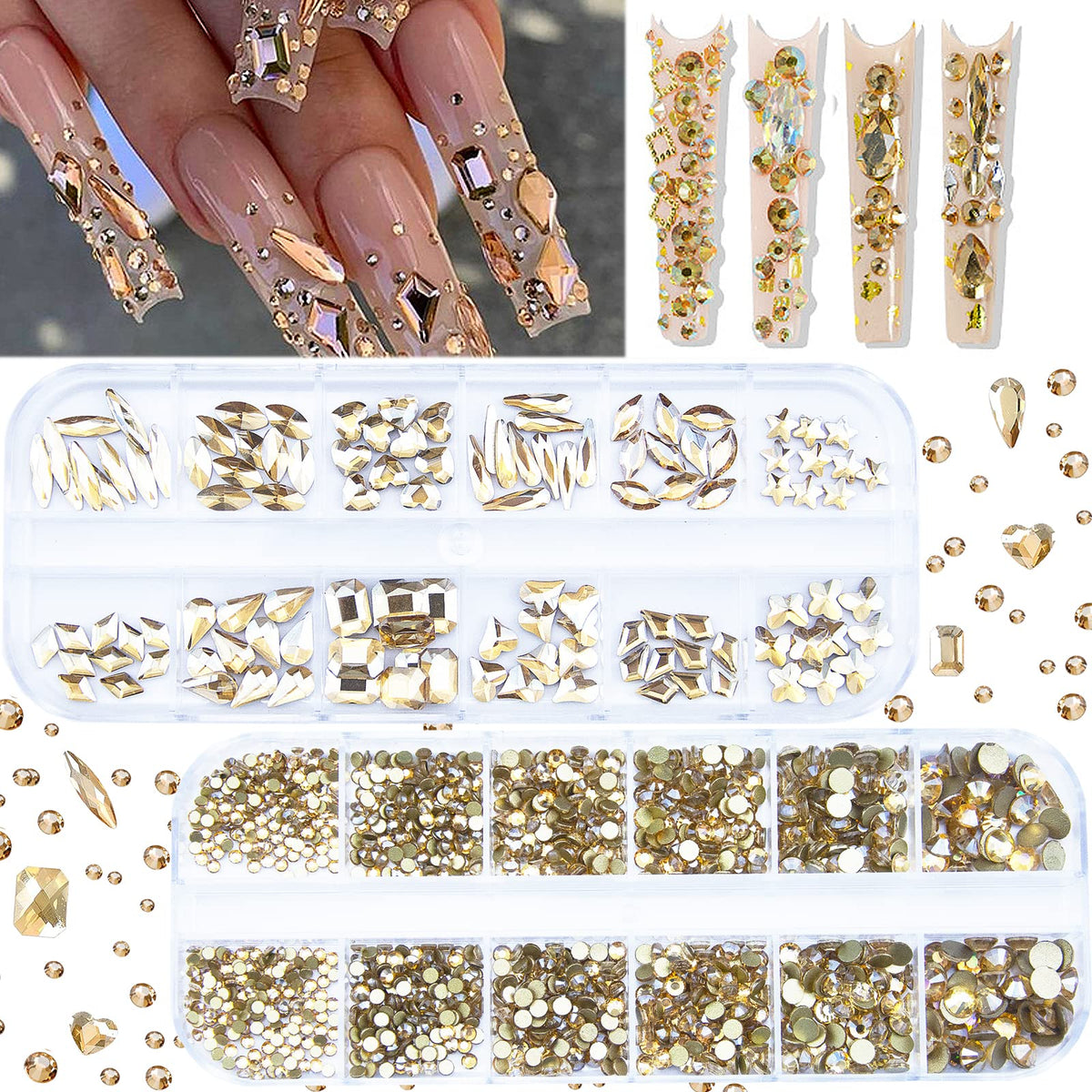 CESUSME pack front showing 2120 champagne gold rhinestones and organized compartments, versatile supply