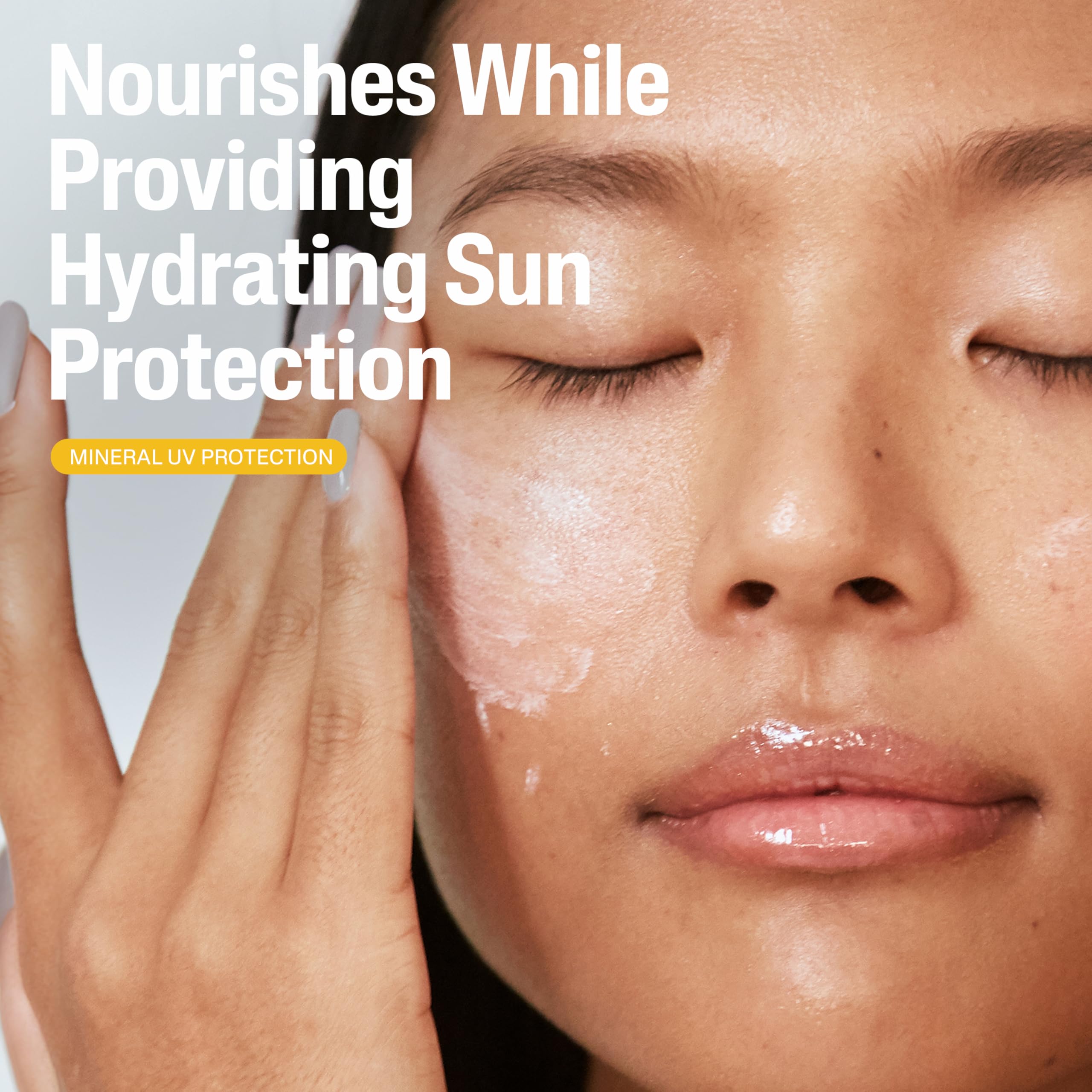 Model applying Cetaphil sunscreen to face for smooth, even coverage and calming hydration