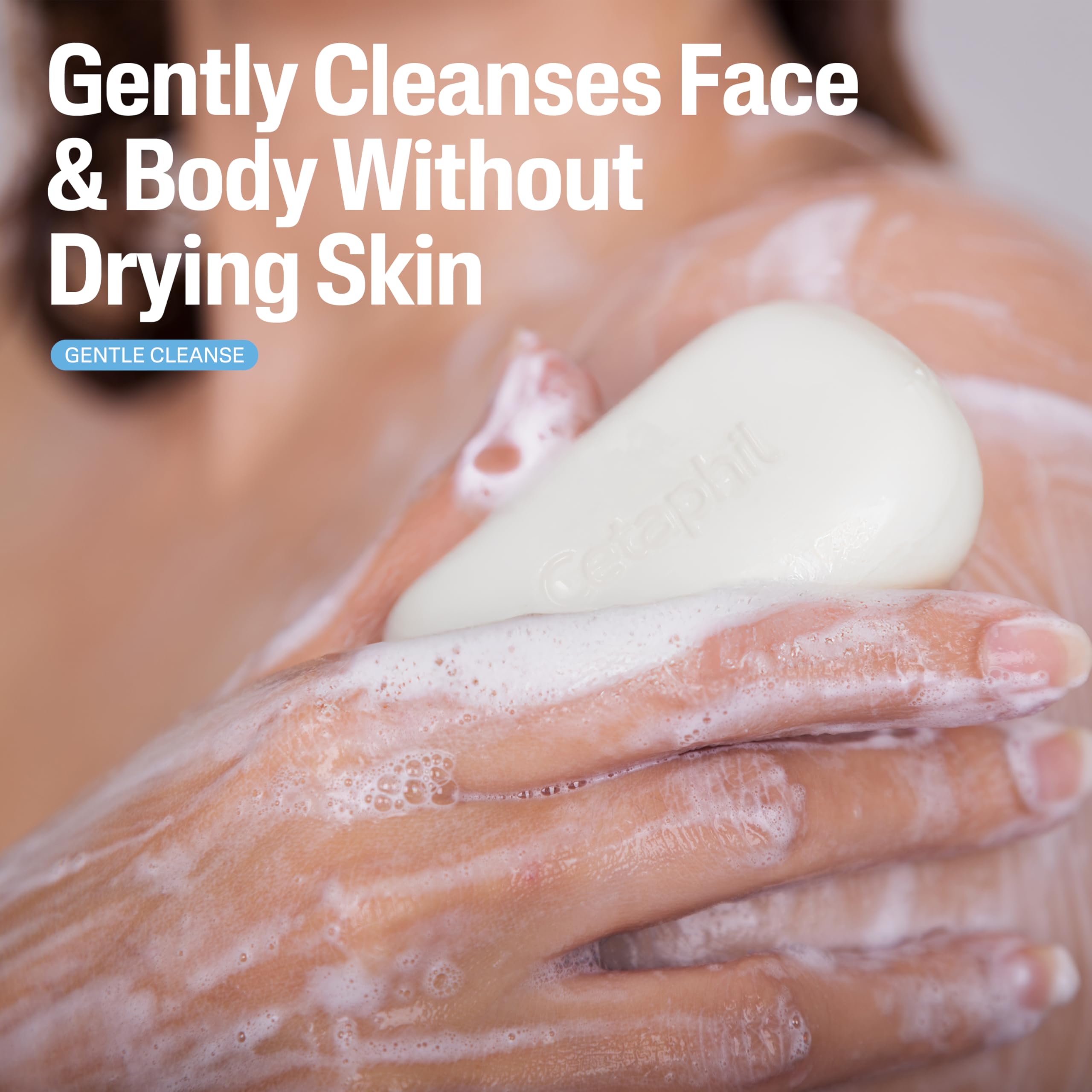 Cetaphil bar lathered in hand demonstrating mild foaming benefit