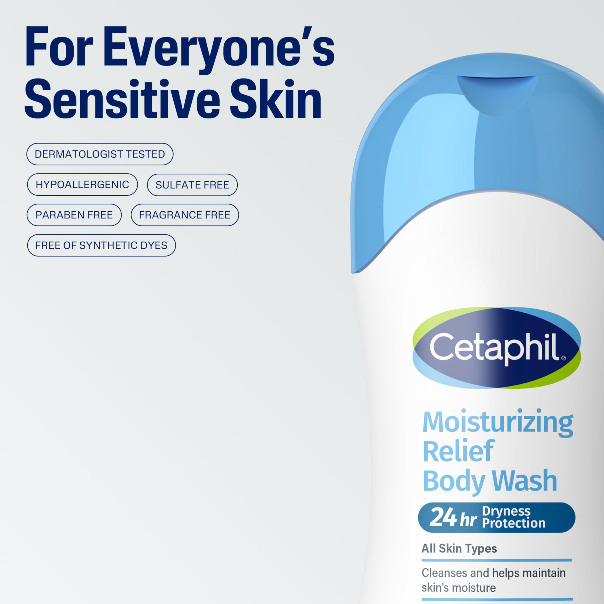 Cetaphil bottle next to hand showing true 16.9 fl oz size and portability
