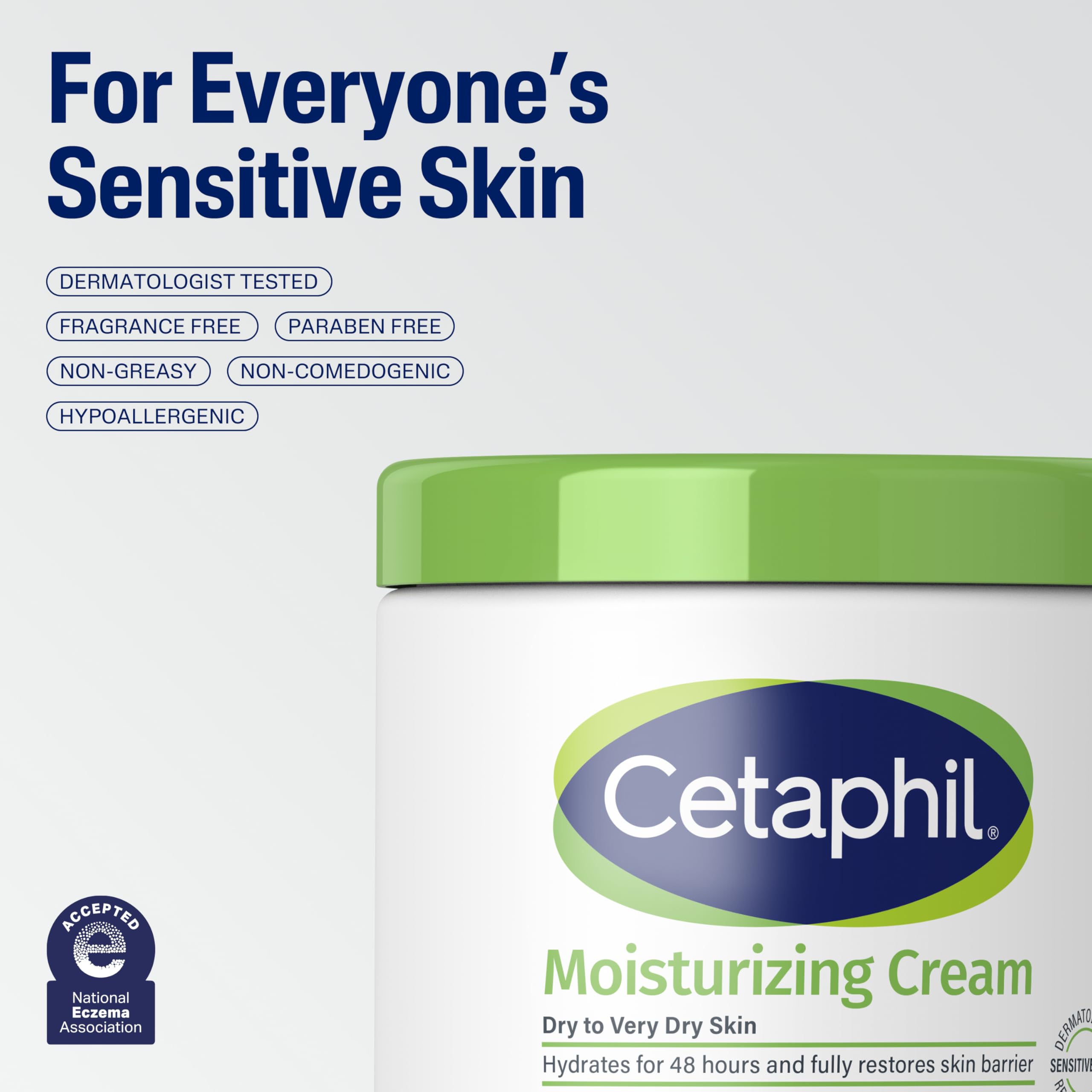 Fragrance-free badge beside Cetaphil tubes indicating gentle formula and reduced irritation risk