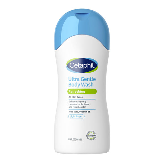 Cetaphil front bottle showing refreshing body wash branding and gentle benefits