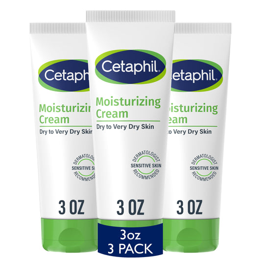 Cetaphil front packaging 3oz pack of 3 showing travel-friendly tubes and gentle hydration benefits