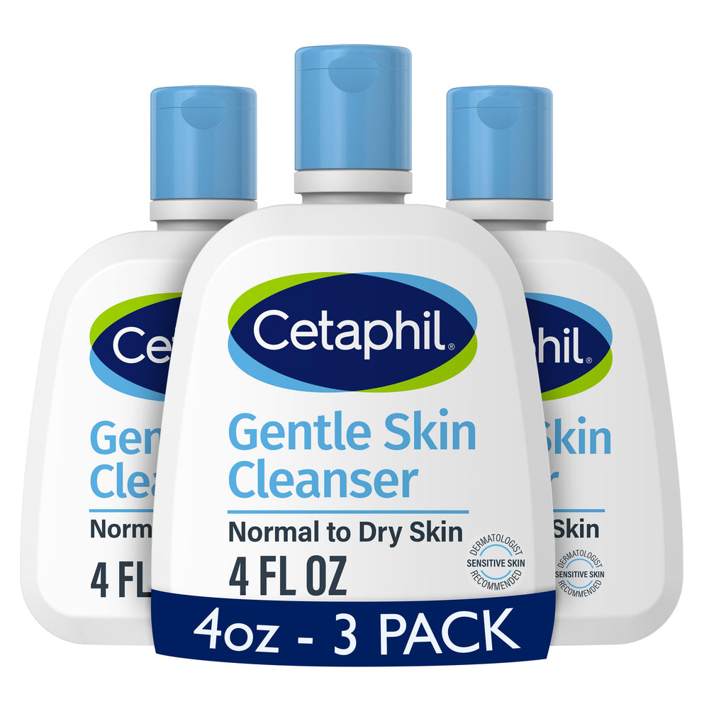 Cetaphil front packaging three-pack showing travel-friendly bottles and gentle benefits