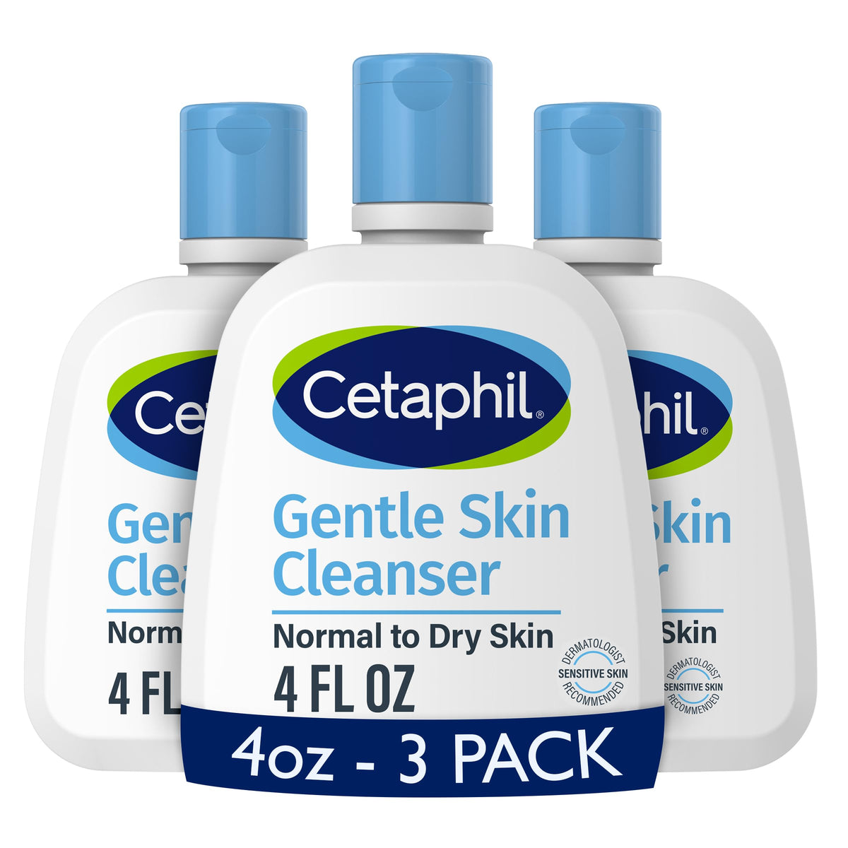 Cetaphil front packaging three-pack showing travel-friendly bottles and gentle benefits