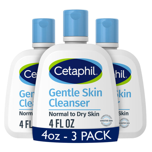 Cetaphil front packaging three-pack showing travel-friendly bottles and gentle benefits