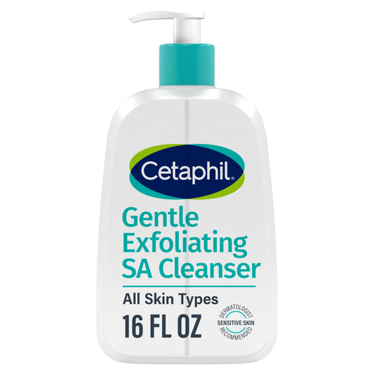 Cetaphil front pump bottle showing brand and gentle exfoliating gel benefits