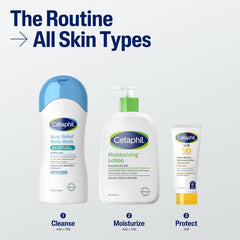 Person using Cetaphil in shower treating back acne gently