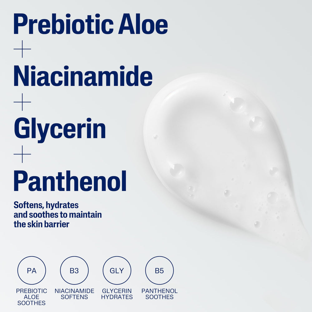 Cetaphil ingredient label highlighting niacinamide and panthenol benefits