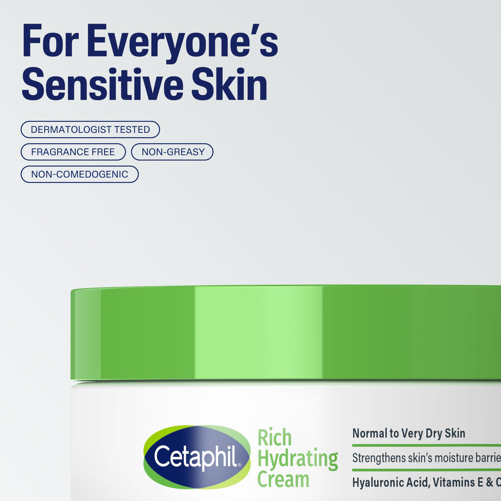Cetaphil jar beside hyaluronic acid droplet visual highlighting moisture boost