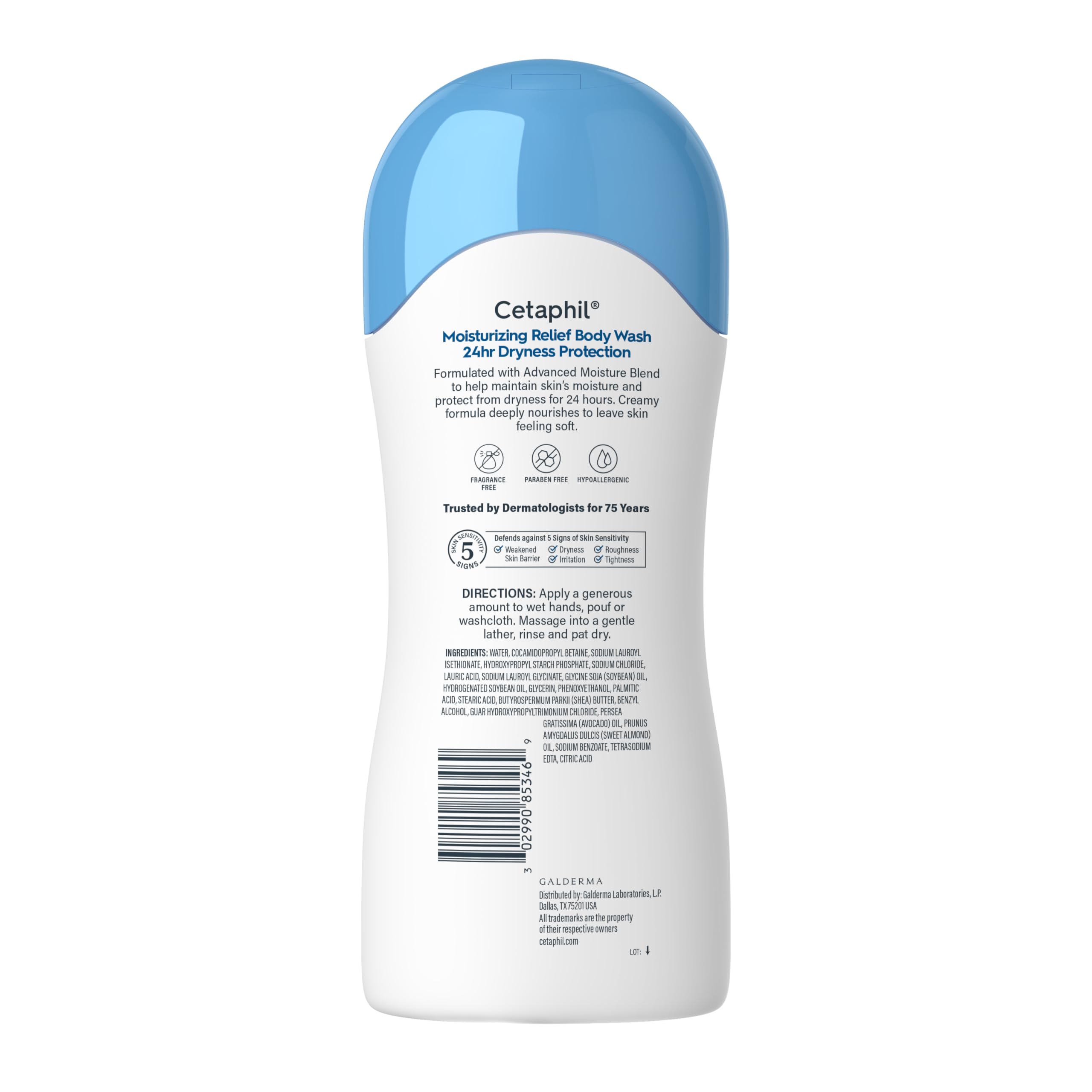 Cetaphil label close-up showing ingredient list and fragrance-free claim