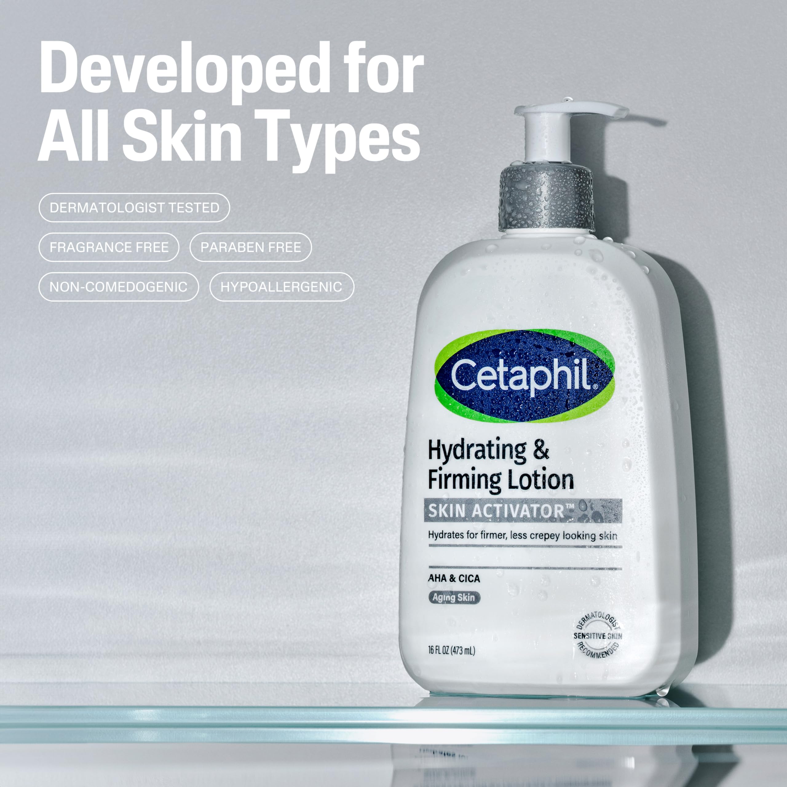 Cetaphil pump dispensing lotion highlighting quick absorbency benefit