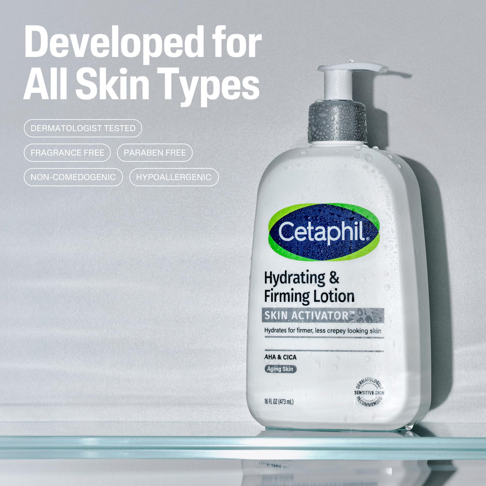 Cetaphil pump dispensing lotion highlighting quick absorbency benefit