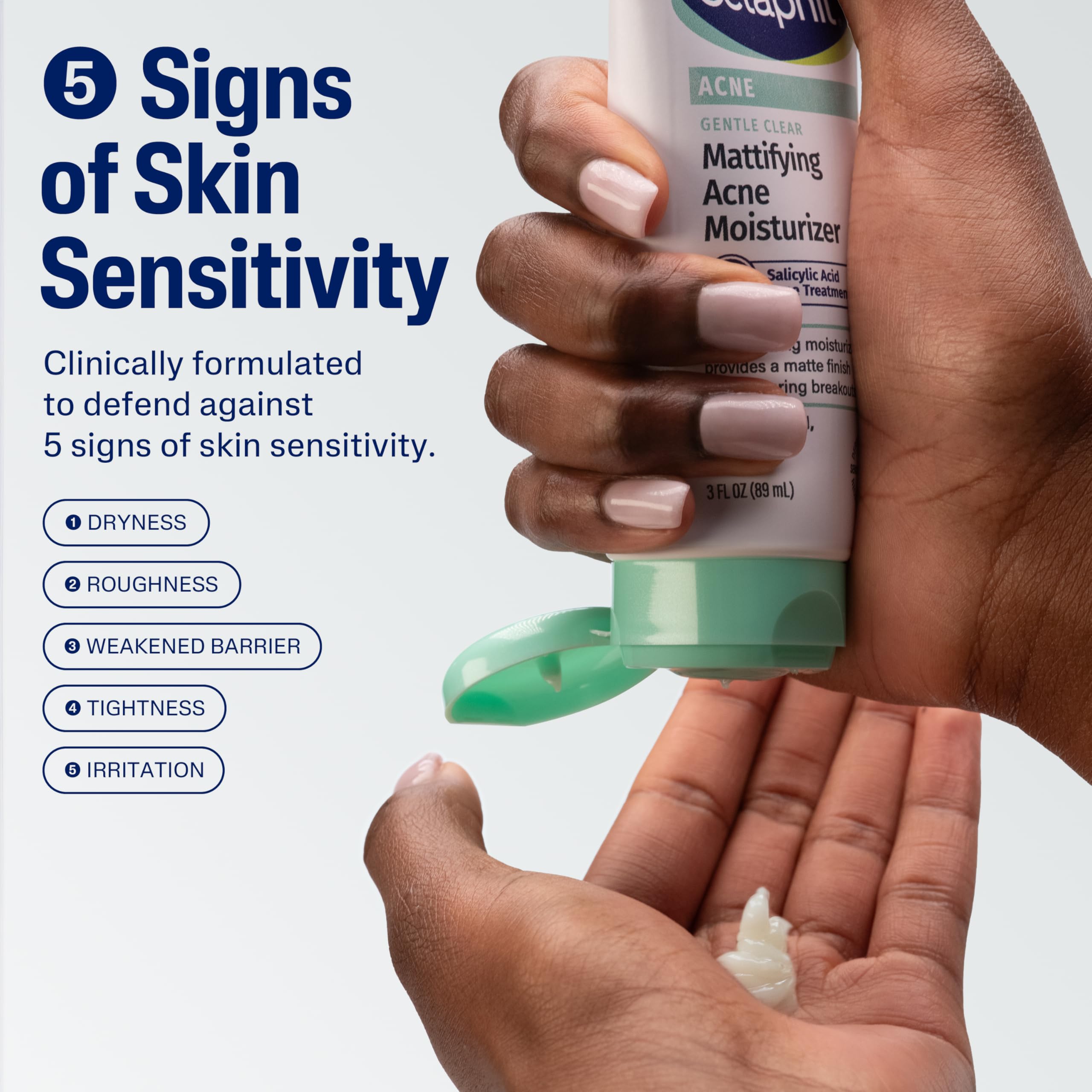 Cetaphil texture on fingertip illustrating fast-absorbing, lightweight hydration