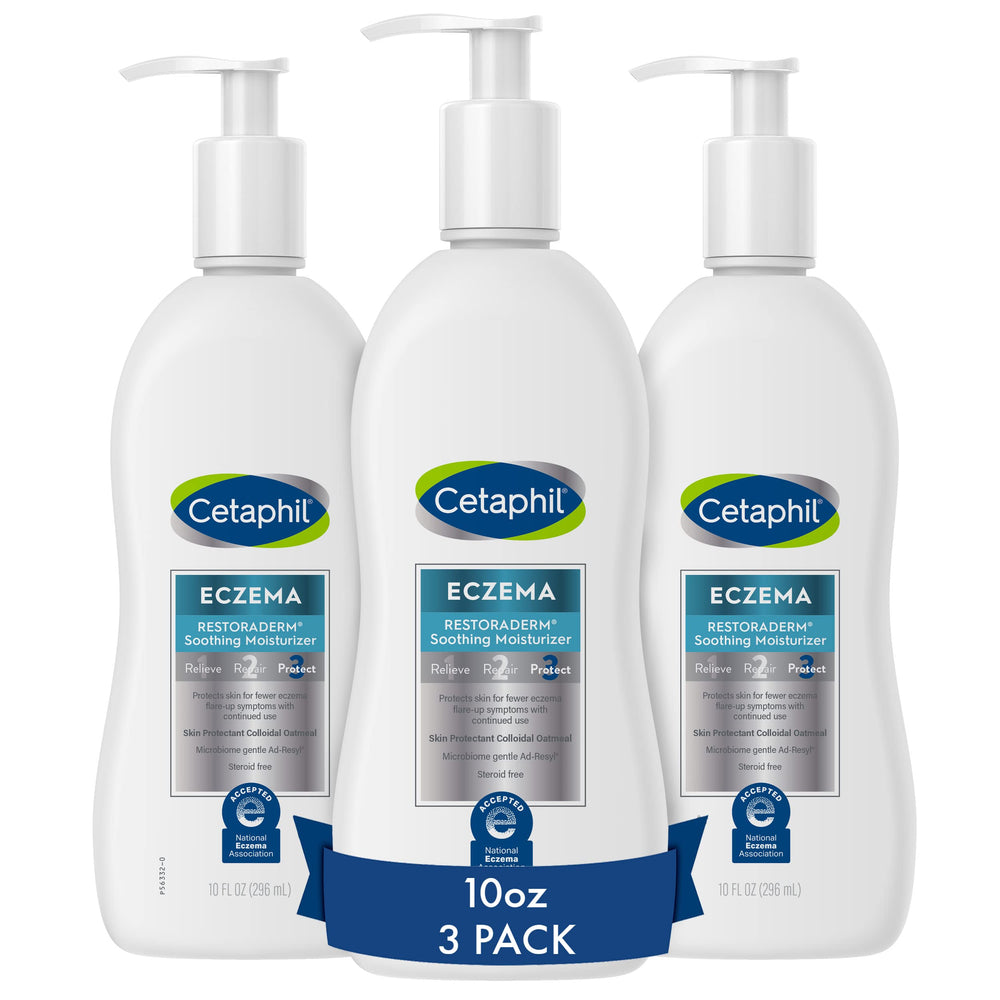 Cetaphil RESTORADERM front packaging showing three 10 fl oz tubes for reliable skincare