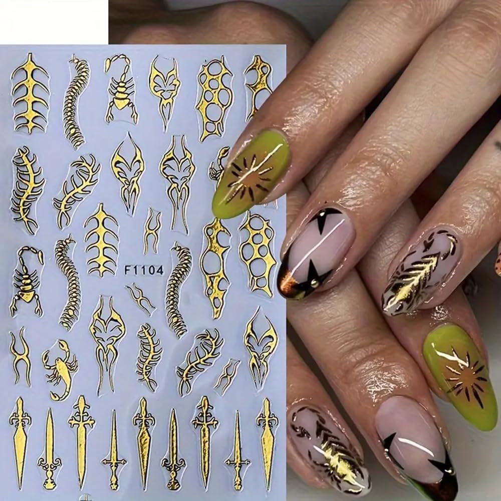 CEWEWP swords and scorpion patterns close-up for dramatic focal nails