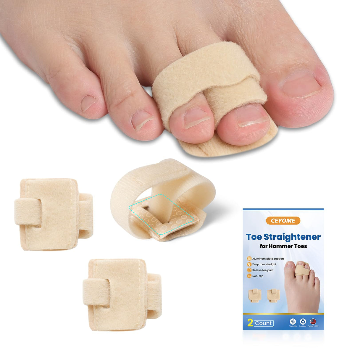 CEYOME front view packaging showing two beige toe straighteners and manual, clear protection