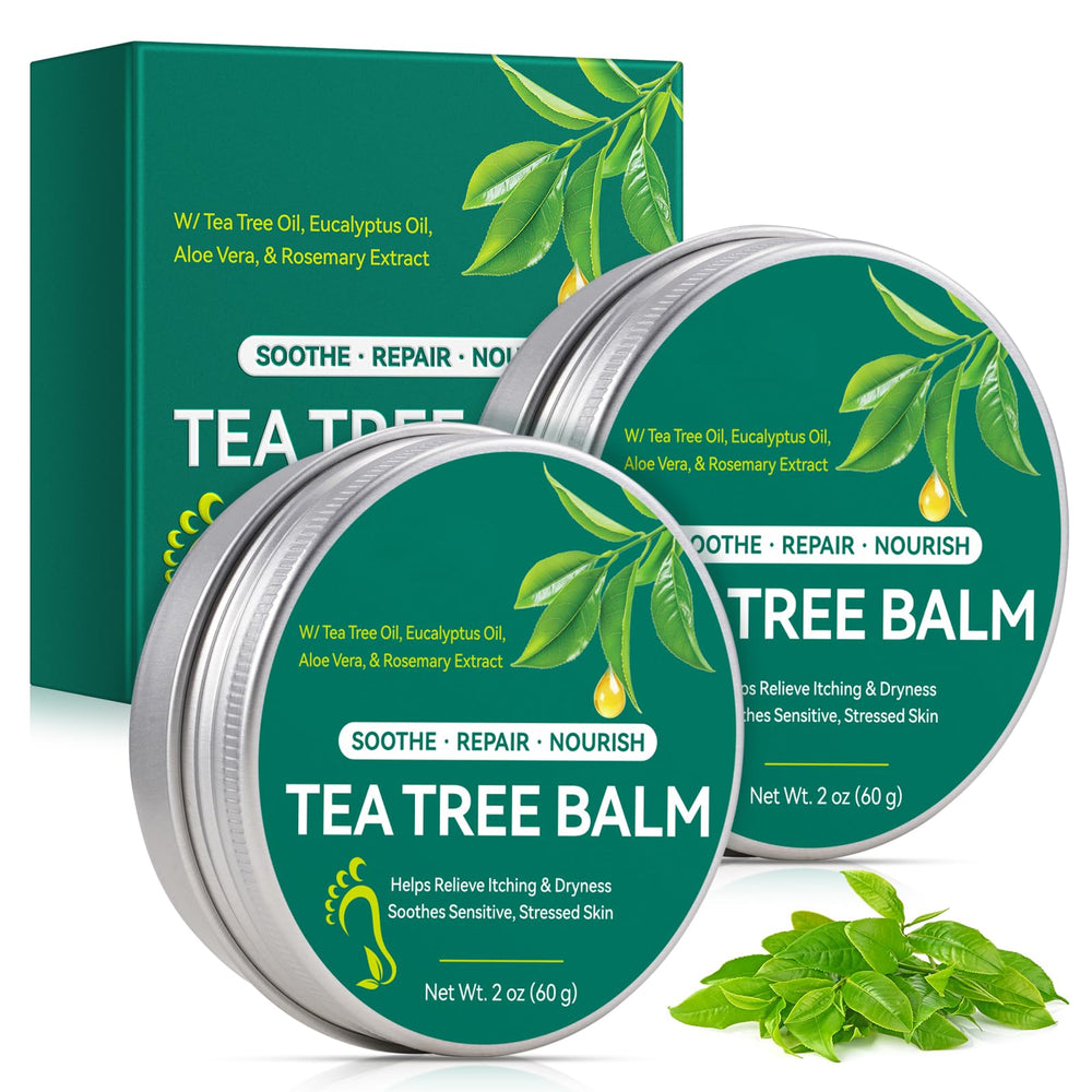 CFXYHNOX tea tree balm jar front view showing label and soothing benefit