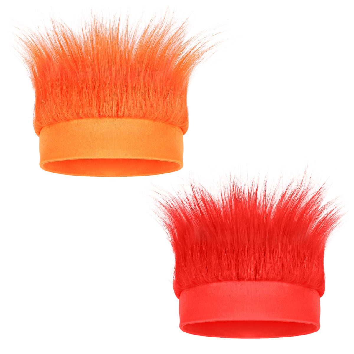 CHAKAKA front view of red and orange hairy headbands showing vibrant colors and fun look