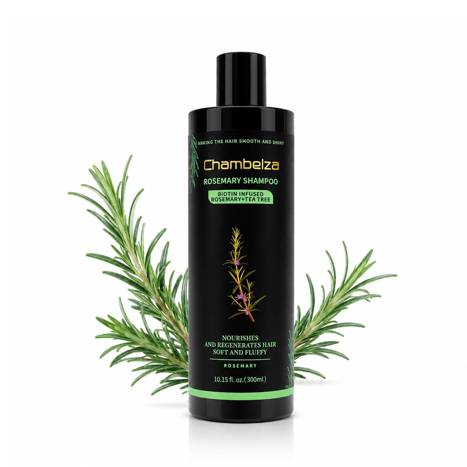 Chambelza front bottle showing rosemary shampoo benefits