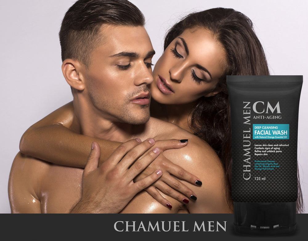 CHAMUEL MEN grooming counter styled shot conveying everyday skincare routine