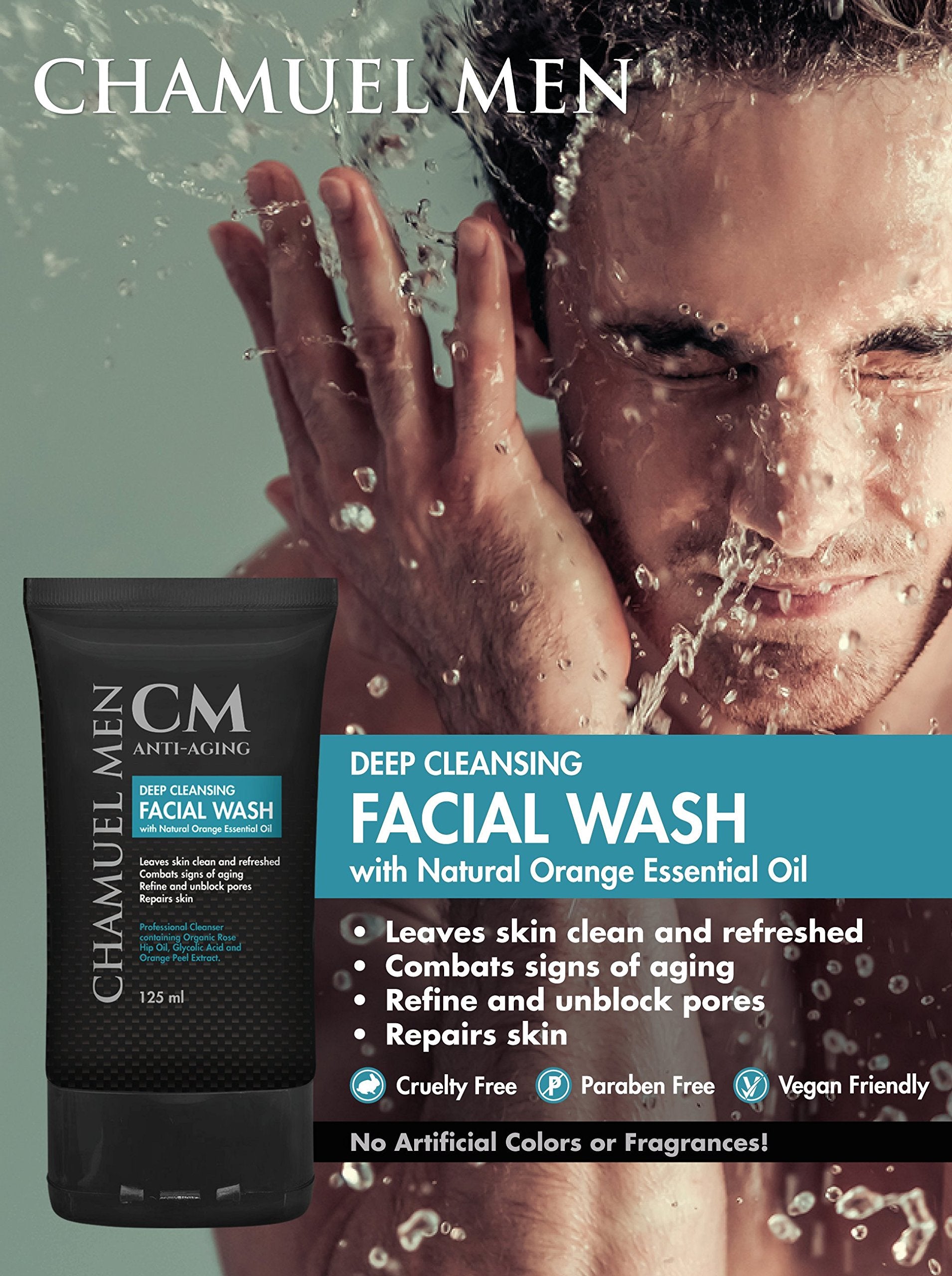 CHAMUEL MEN man washing face showing deep clean and refreshed appearance