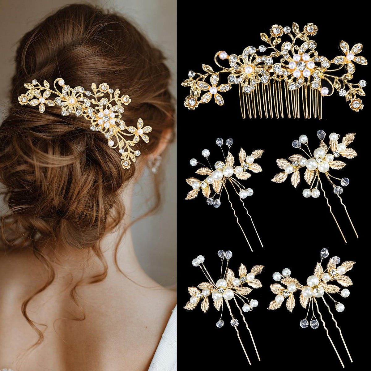 Chanaco comb and pins front view showing elegant gold finish and bridal grip