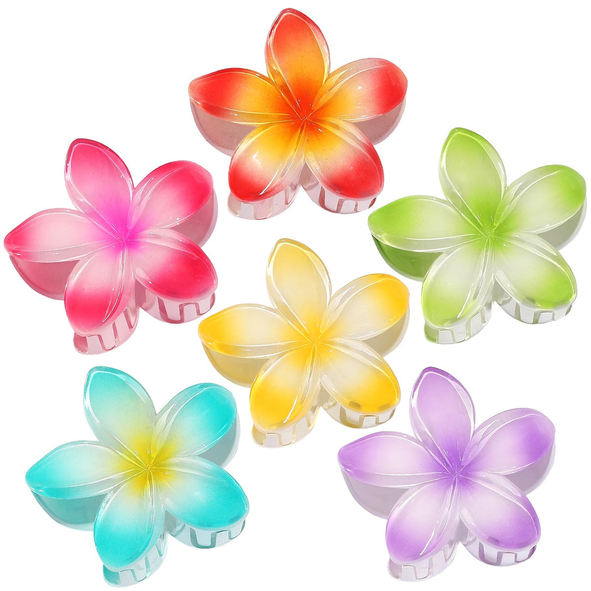 CHANDAT front view of six colorful flower clips showing vibrant gradient finish and shape benefit