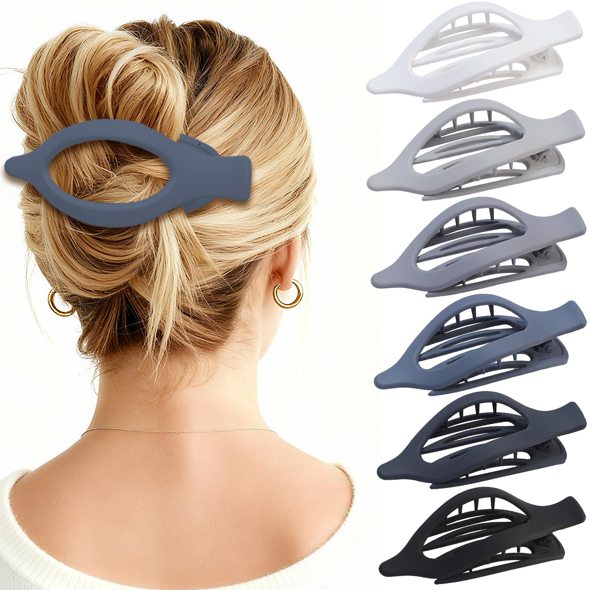 CHANDAT front view of six grey flat clips showing color range and neat packaging benefit: easy selection