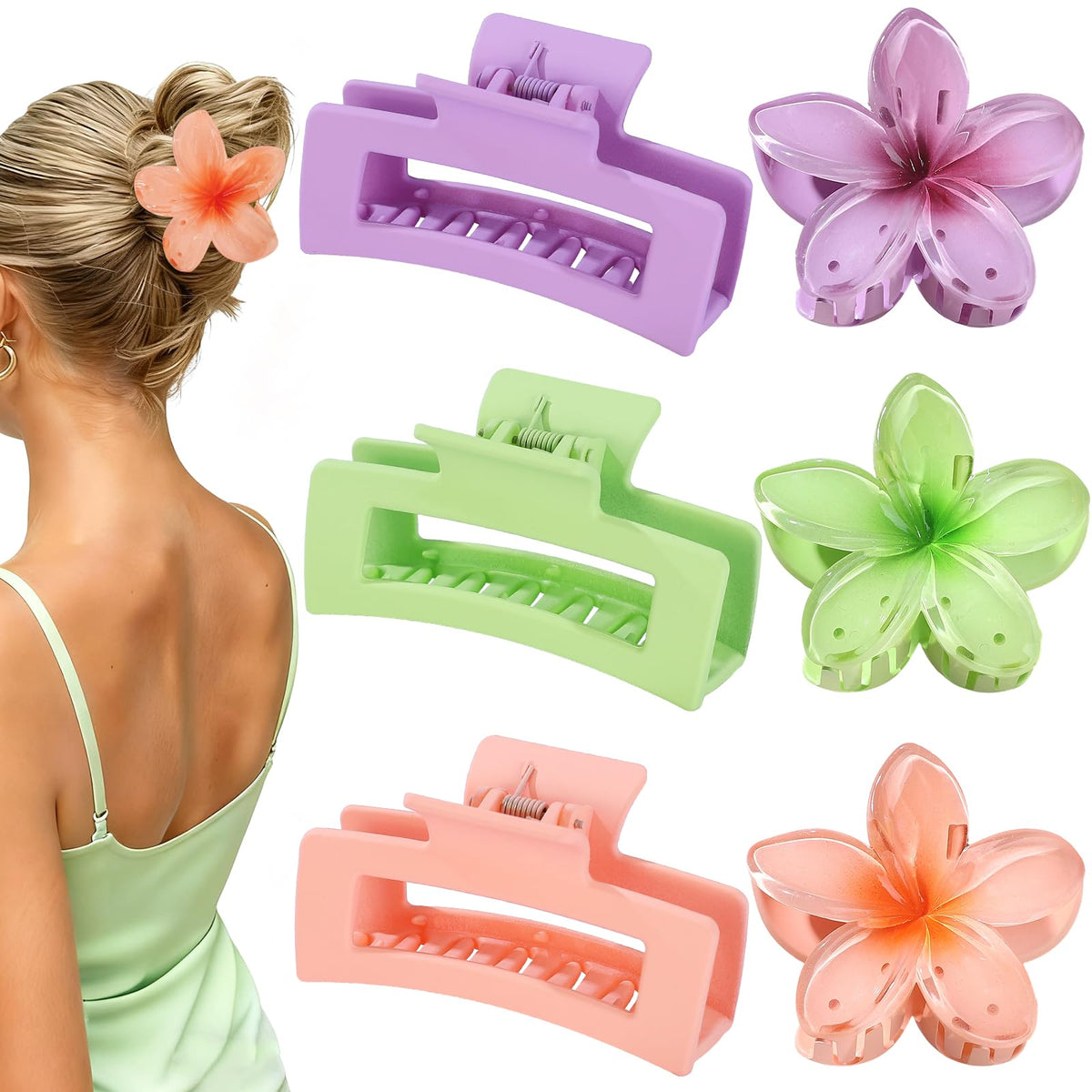 CHANDAT front view of six purple flower and square hair clips, versatile styling benefit