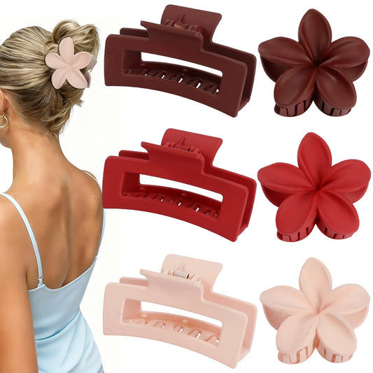 CHANDAT front view of six-piece red flower and square clip set showing colors and shapes, ready to style