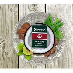 Chandrika soap displayed in a bathroom setting suggesting daily use and calming ritual benefit