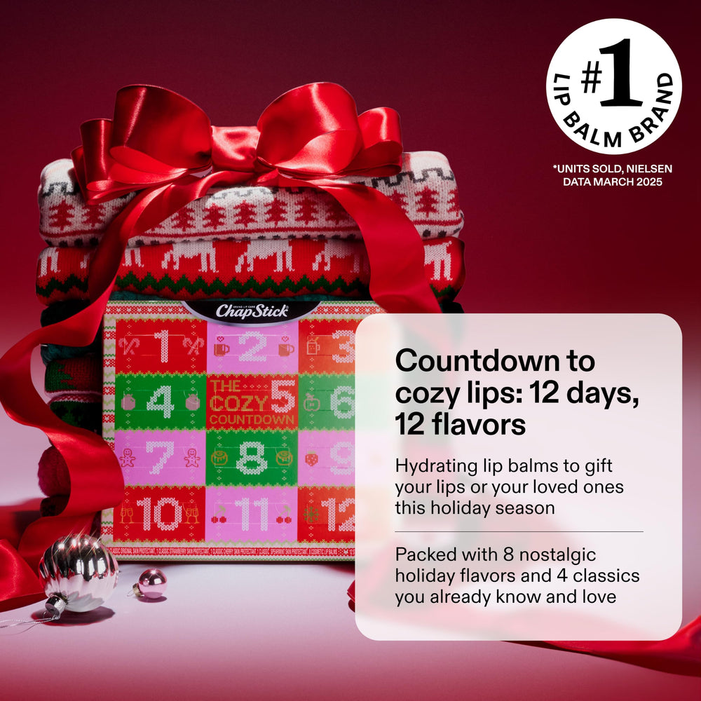 ChapStick advent calendar opened showing twelve tubes for a daily holiday reveal benefit