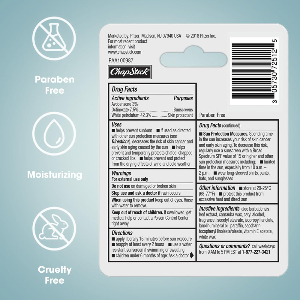 Back label of ChapStick showing ingredients and product information for informed use