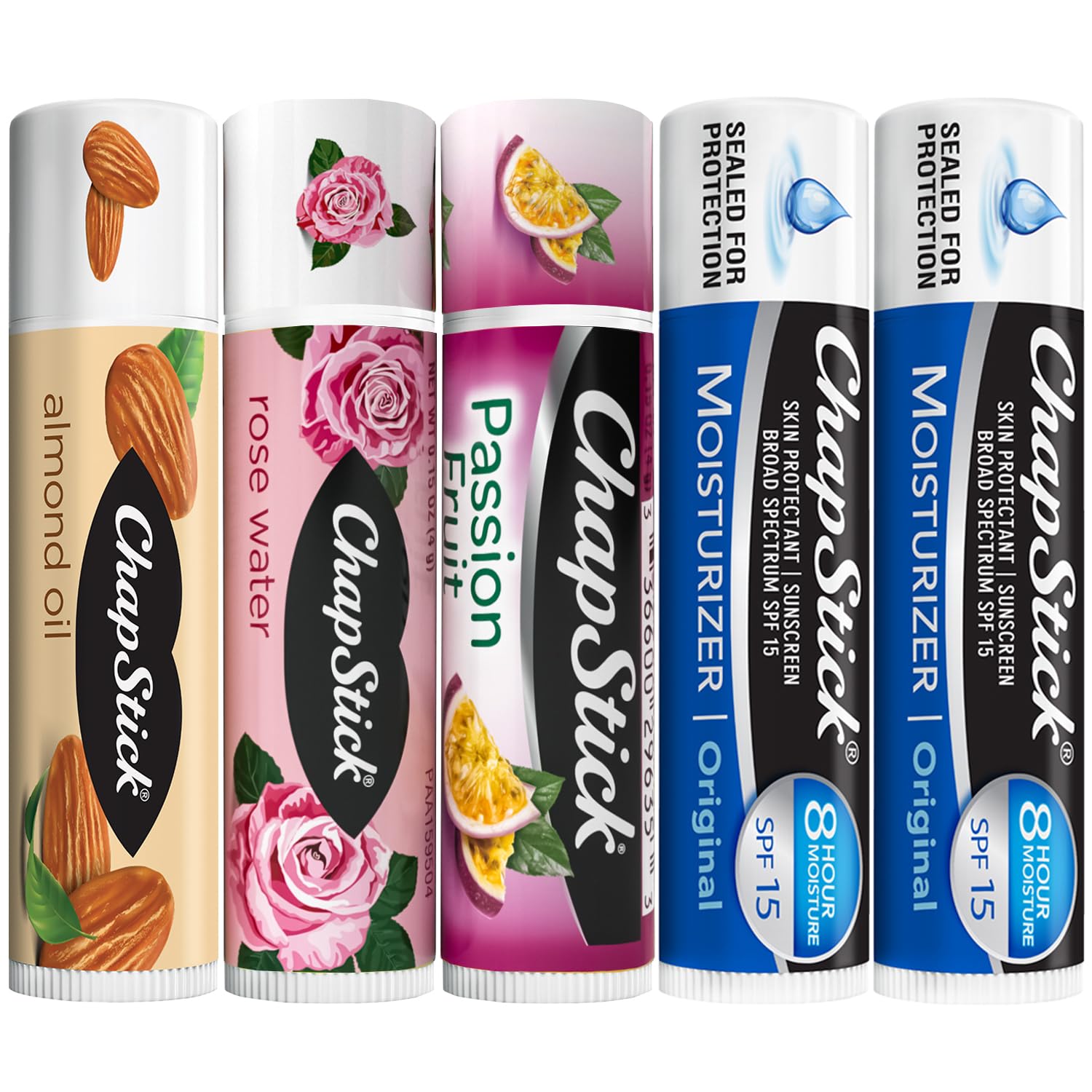 ChapStick bundle front packaging showing five tubes and benefits