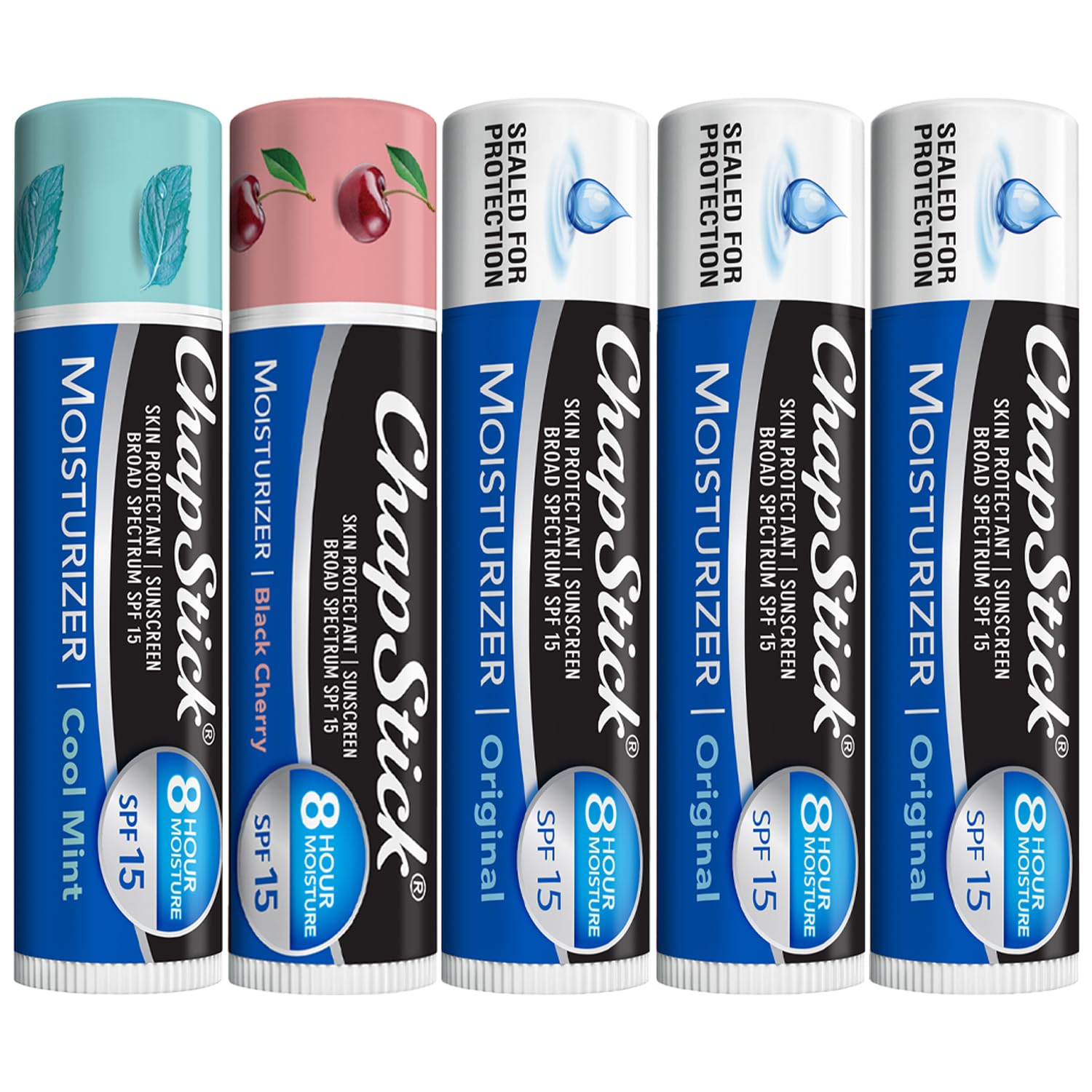 ChapStick bundle front packaging showing five tubes and SPF 15 protection benefit