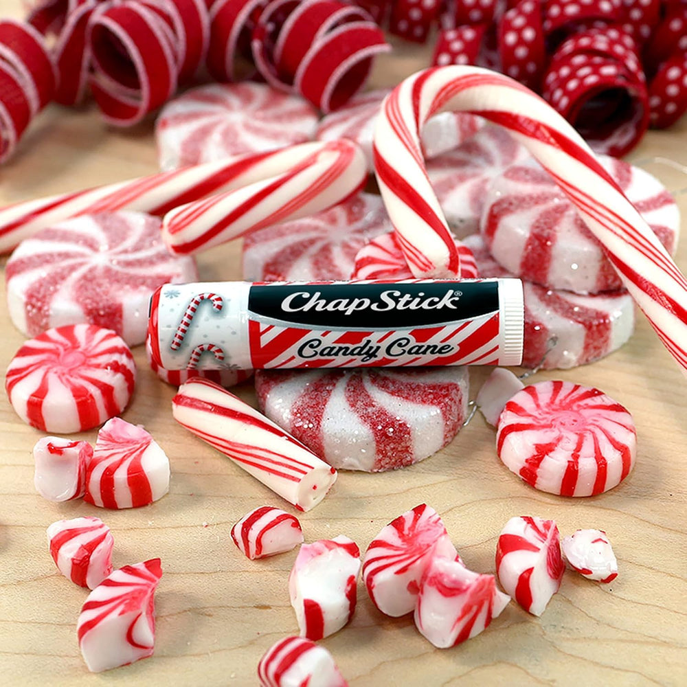 Close-up texture of ChapStick Candy Cane balm showing smooth glide
