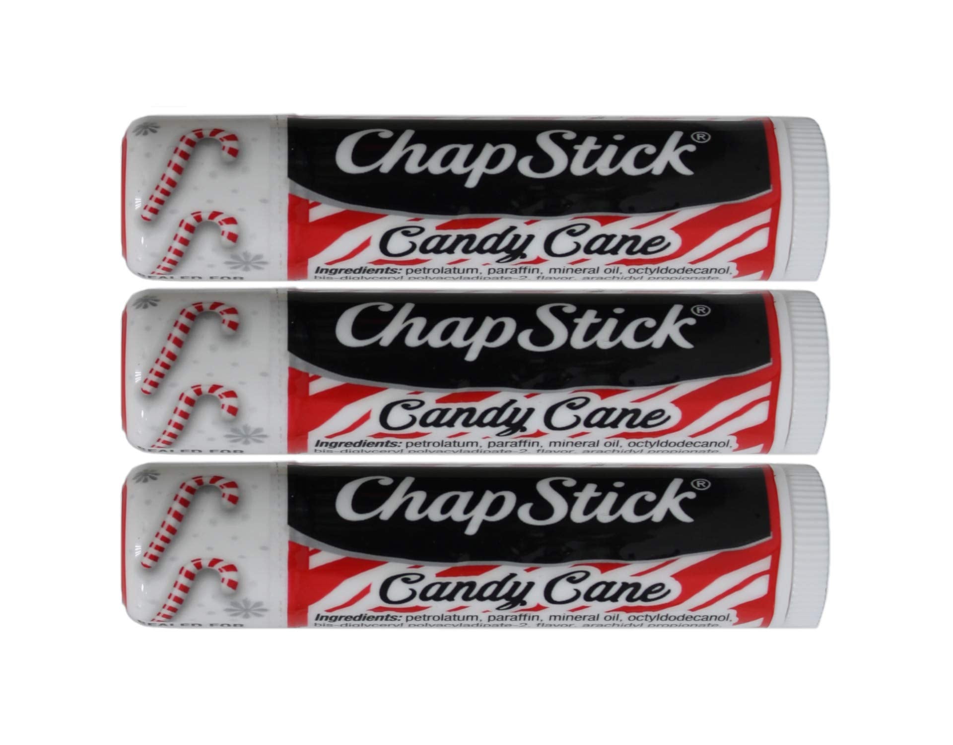 ChapStick Candy Cane front packaging showing three tubes and benefits