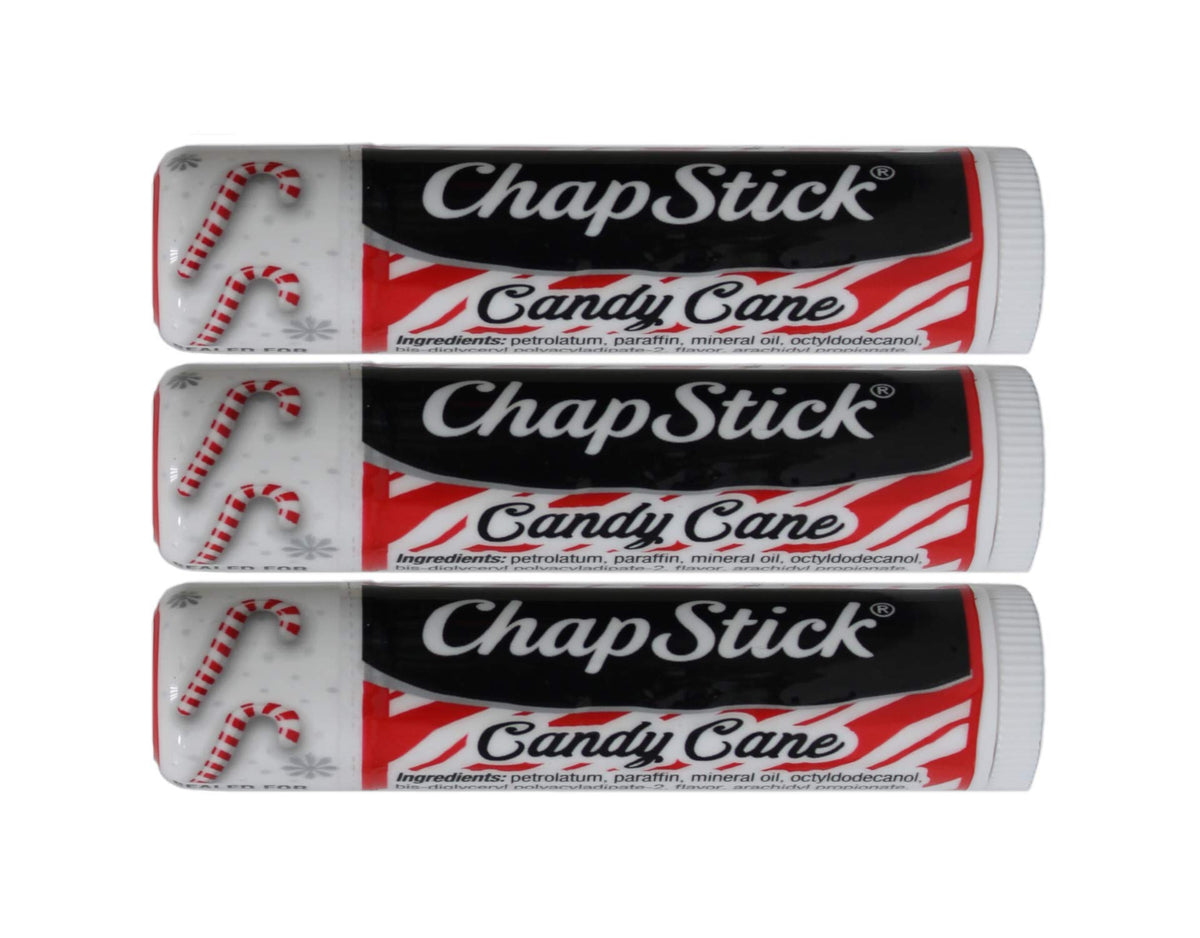 ChapStick Candy Cane front packaging showing three tubes and benefits