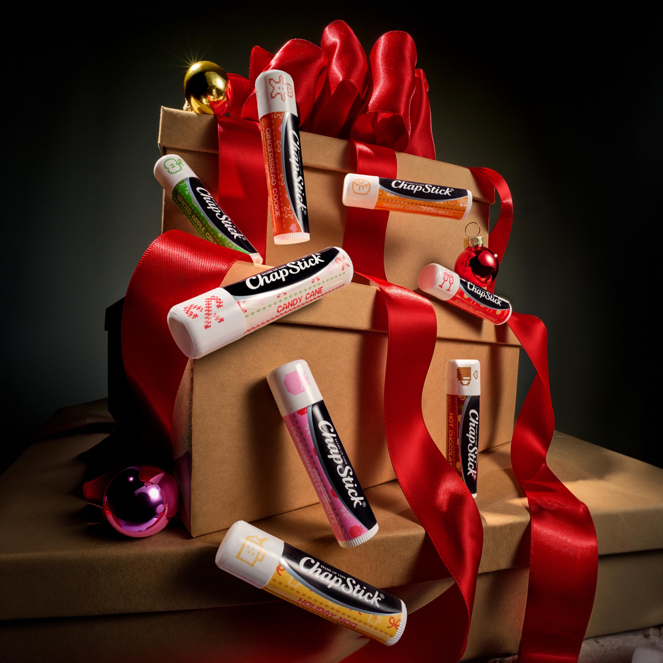 ChapStick Candy Cane tube closeup highlighting flavor detail and festive hydration